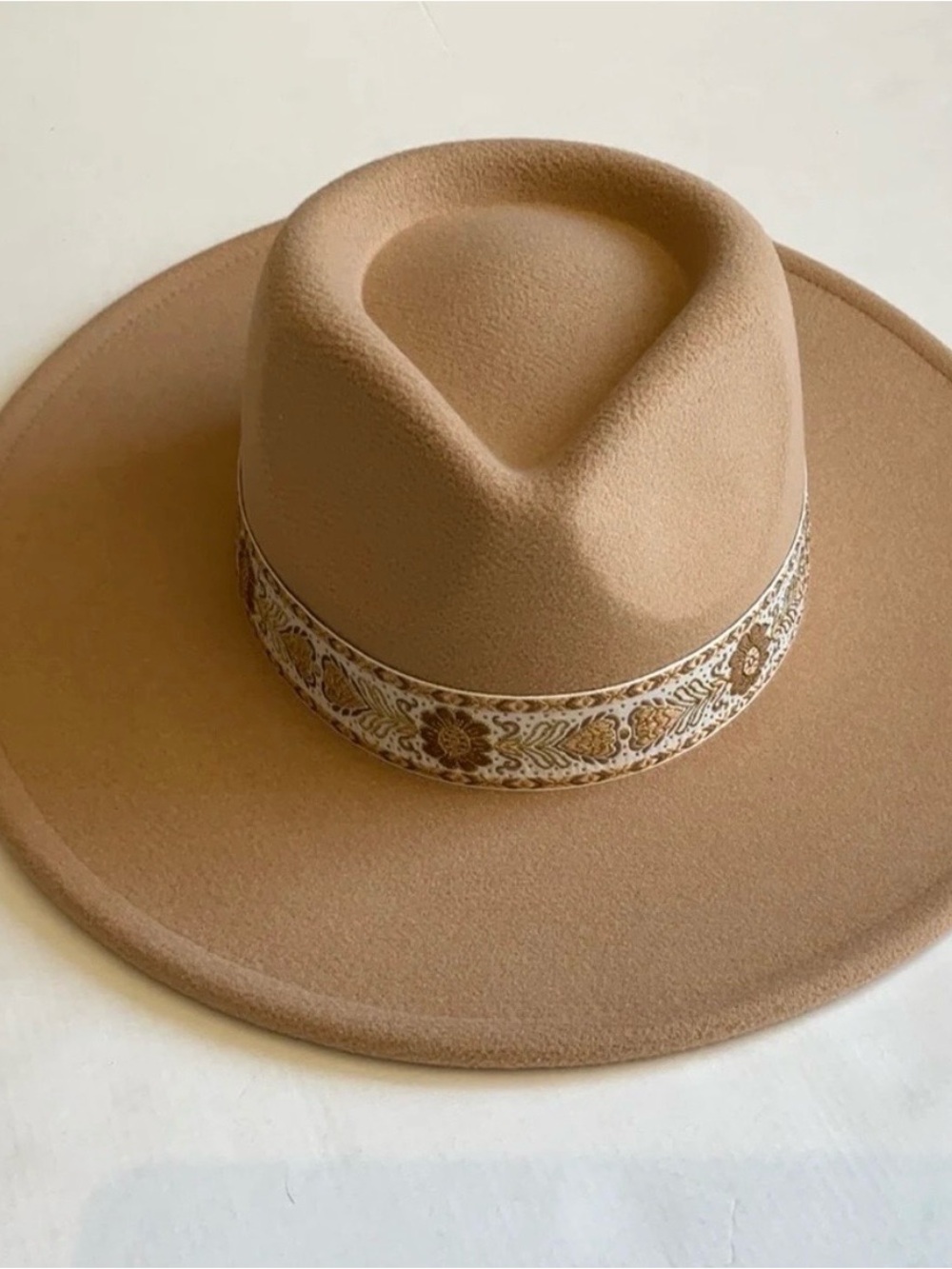 Embroidered Trim Wide-Brim Felt Hat - Tan